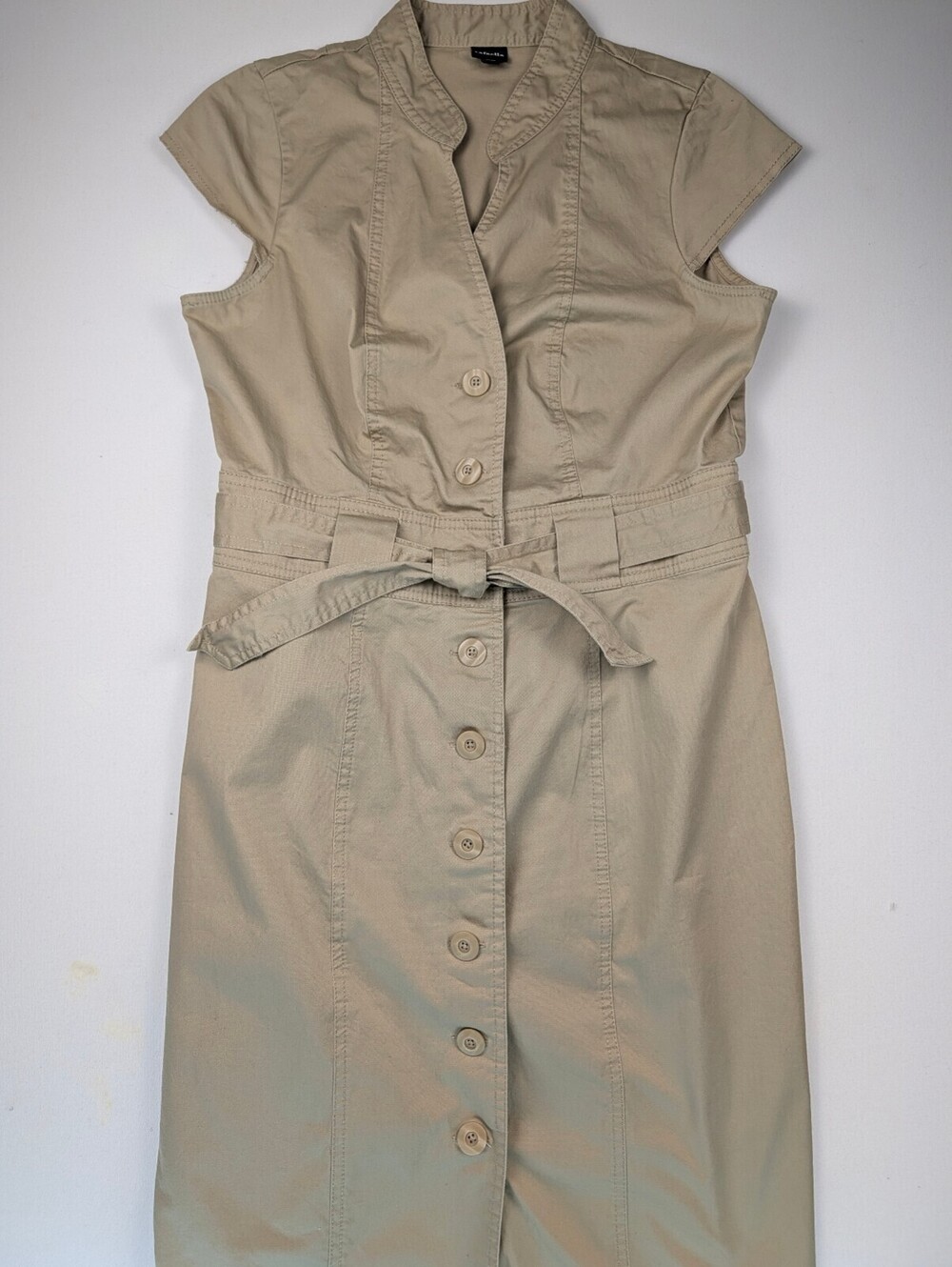 Rafaella Khaki Utility Shirt Dress Cap Sleeve Button Front Belted Midi Sz 10
